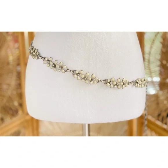 Vintage Metal & Enamel Flowers with Rhinestones Glam Chain Belt